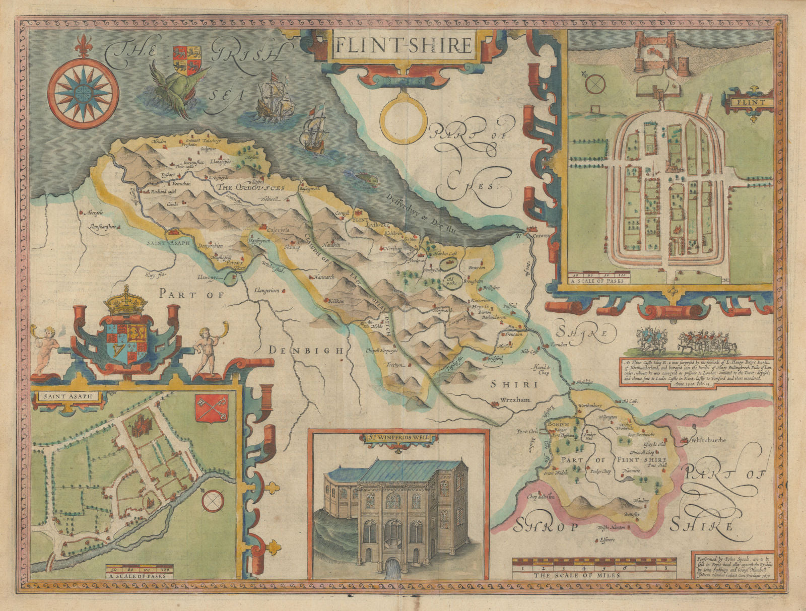 Flintshire county map by John Speed. Sudbury & George Humble edition 1627